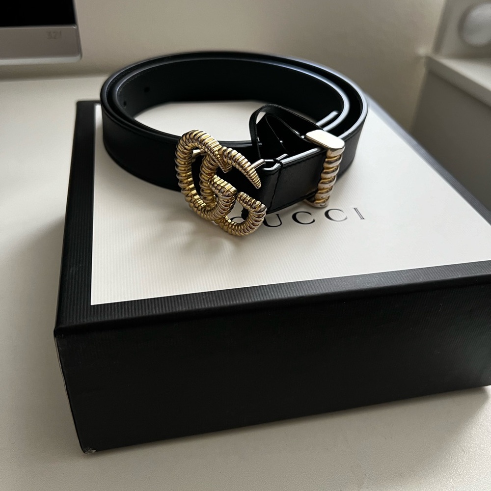 Gucci Leather Belt Torsion Double G Buckle Black Size 75